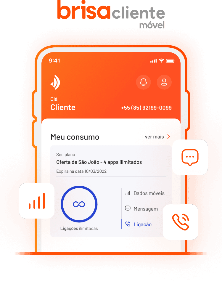 Ilustração de um celular exibindo a tela do Brisacliente móvel, simulando atividades de consumo.